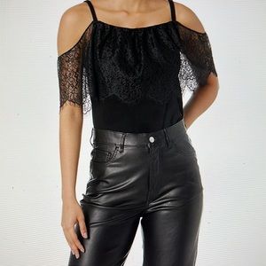 NEW BAILEY 44 Montage Cold Shoulder Top with Lace Overlay Black Medium NWT